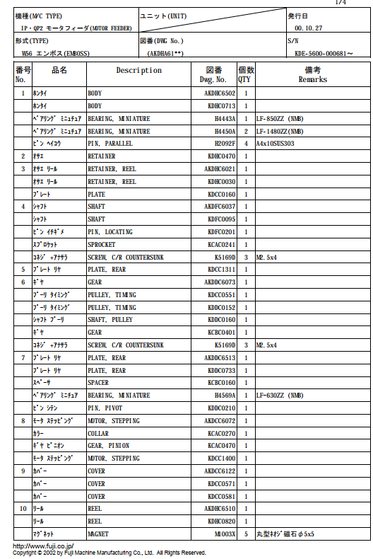 FUJI IP-QP2 Motor Feeder W56 Parts List KDE-5600-000681.pdf
