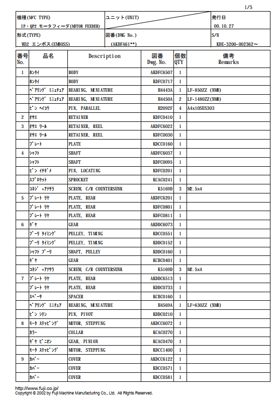 FUJI IP-QP2 Motor Feeder W32 Parts List KDE-3200-002362.pdf