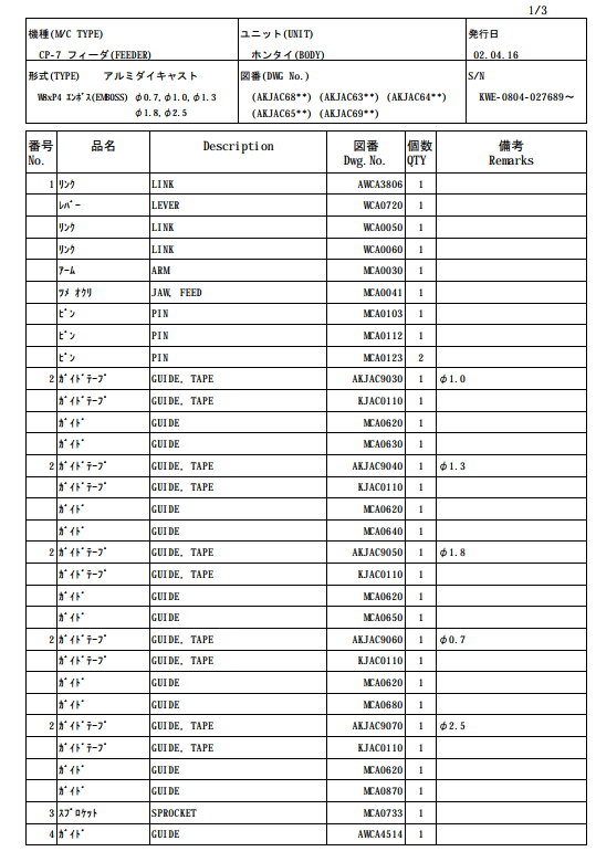 FUJI CP-7 Feeder W8xP4 Emboss Parts List KWE-0804-027689.pdf